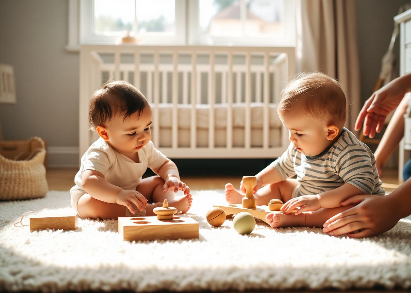 An infant and a toddler playing with wooden toys on a soft rug