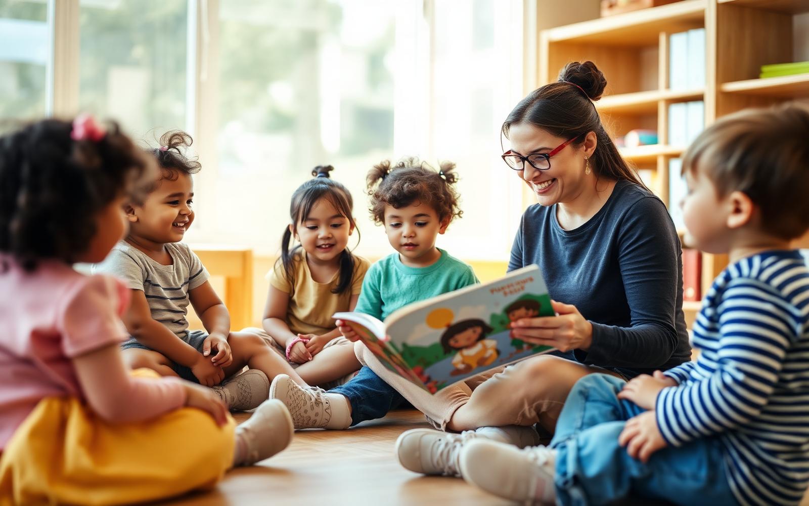 Teacher reading a picture book to a circle of toddlers in a sunlit classroom