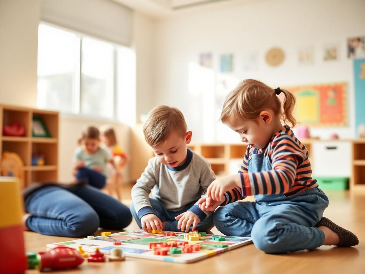 Preschoolers working on a puzzle together with their teacher