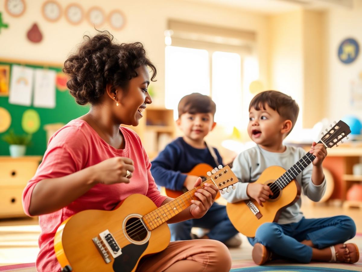 Toddlers making music with instruments alongside a teacher