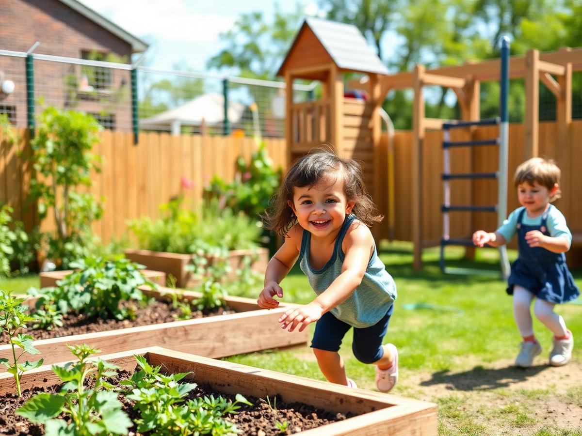 Children running and playing in the outdoor garden playground