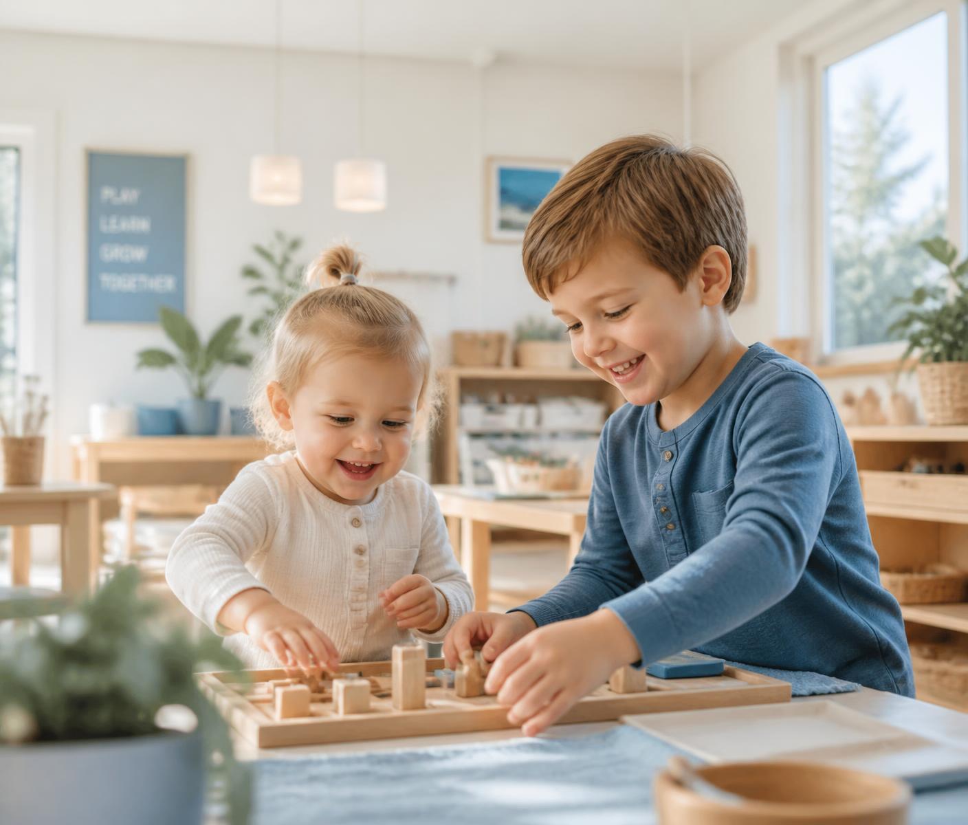 Young children playing and learning together in a bright Whole Child Academy classroom